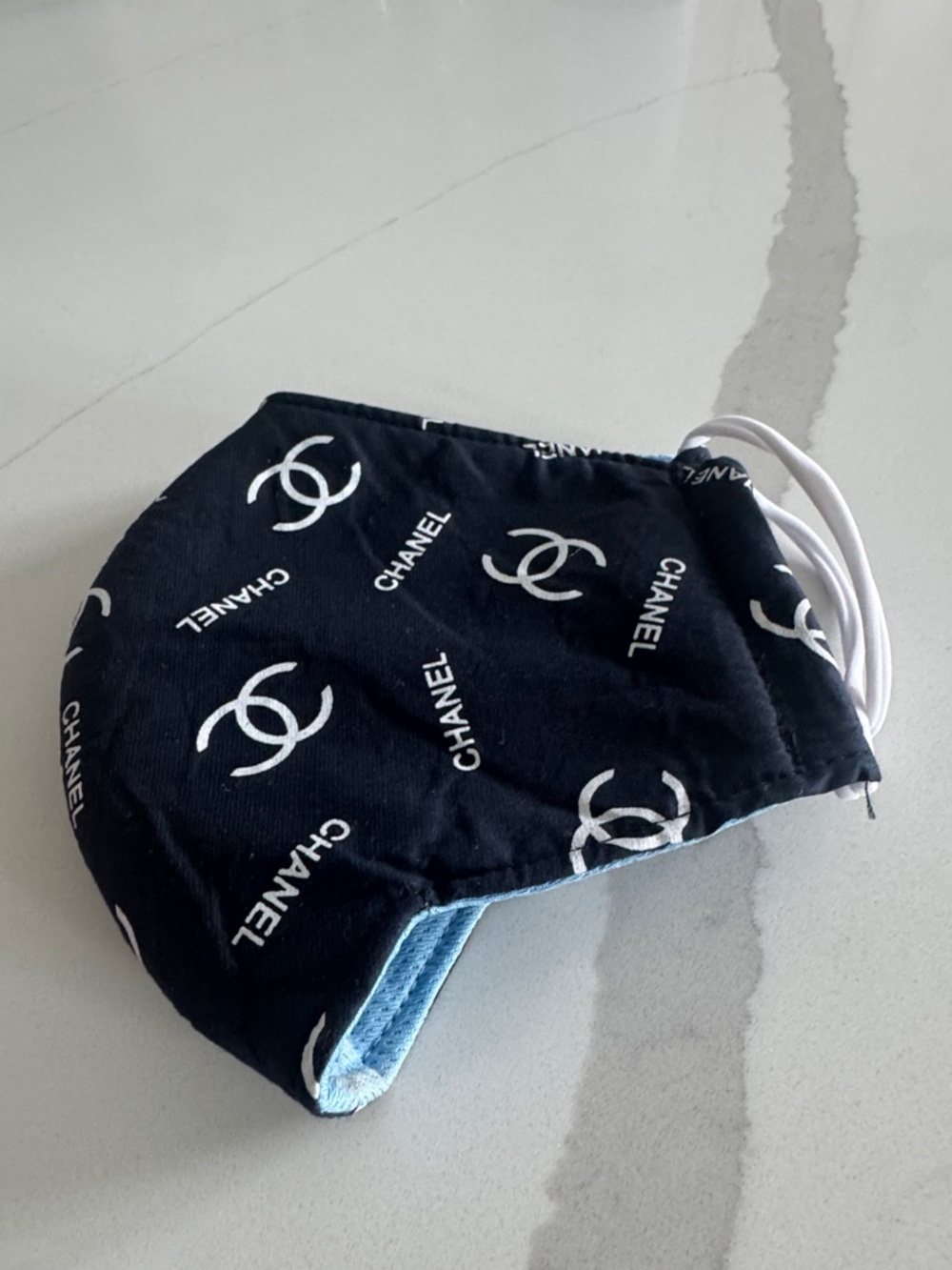 Designer inspired Navy Blue and White Logo Cotton Face Mask with Ear Loops
